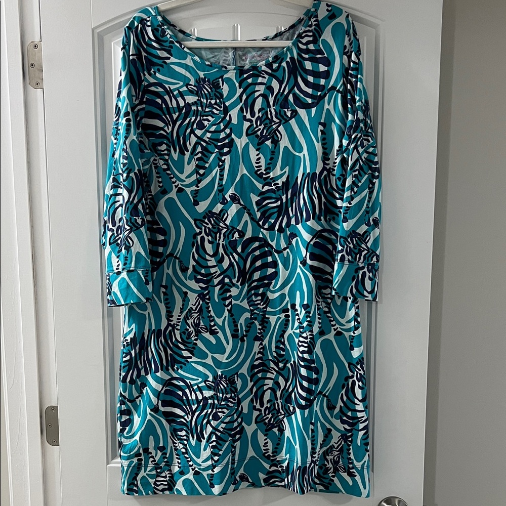 Lilly Pulitzer Aqua, Teal & Navy Zebra Print Shift Dress